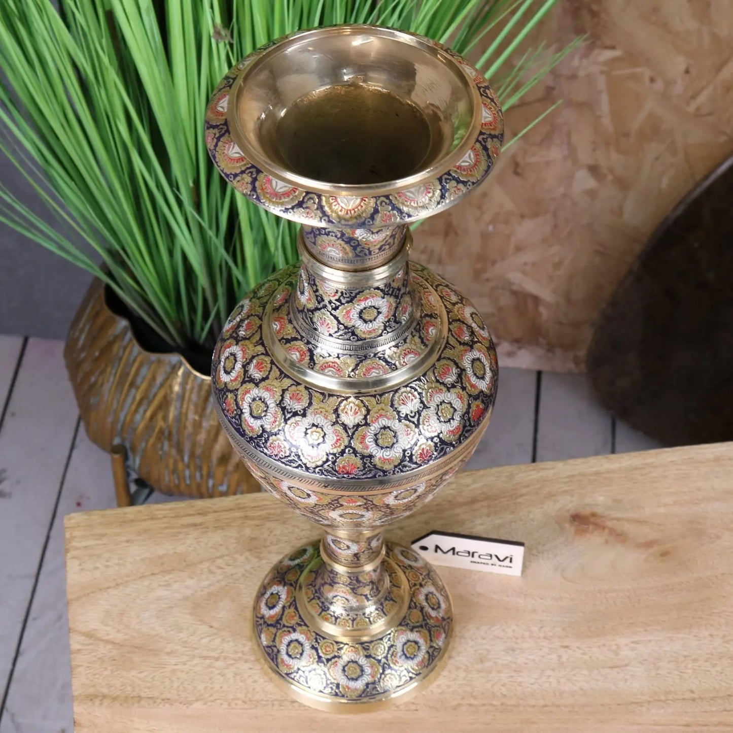 Vintage 42cm Brass Vase Hand Painted and Etched - Top View