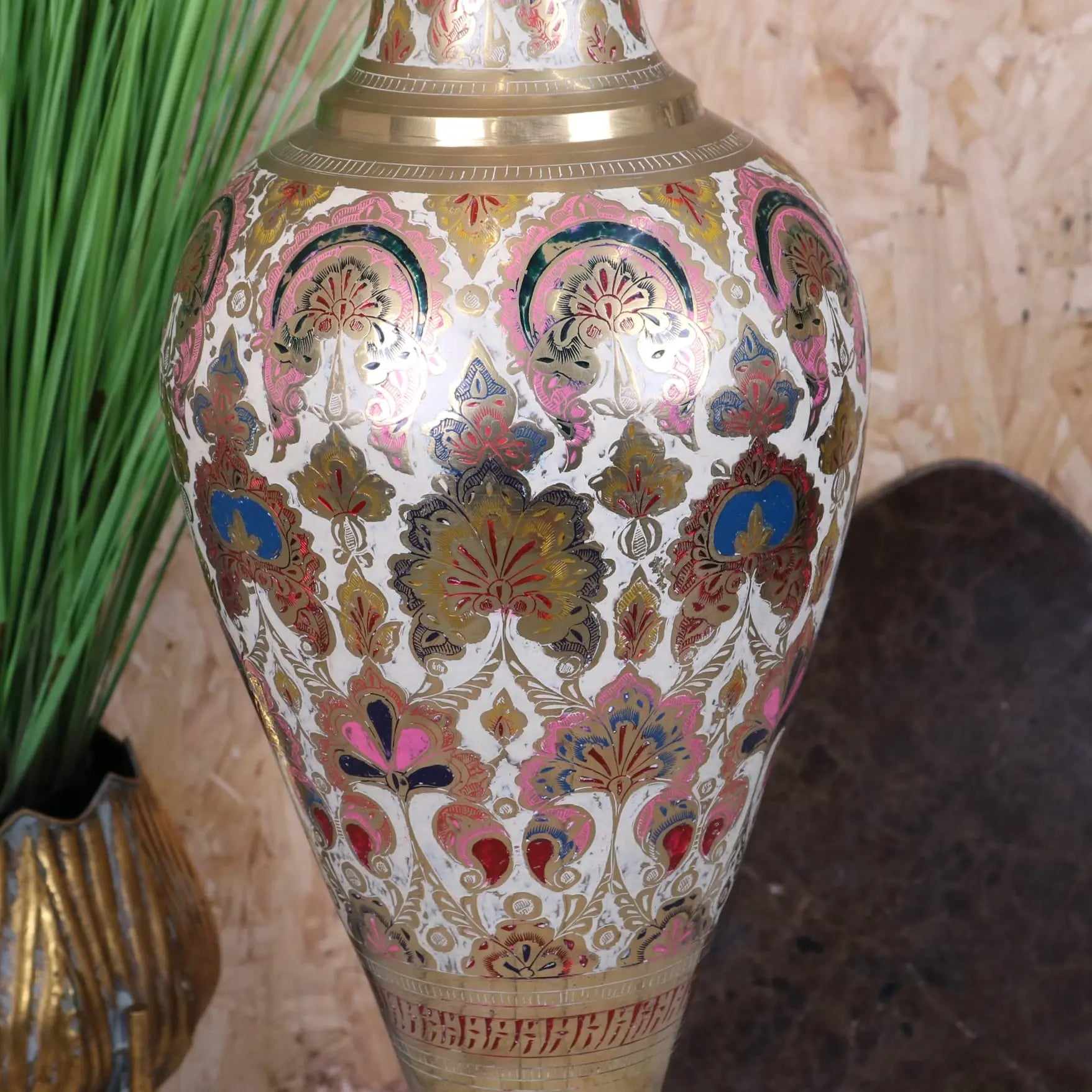 Vintage 92cm Large Brass Vase Scalloped Edge - Closeup of Middle Section