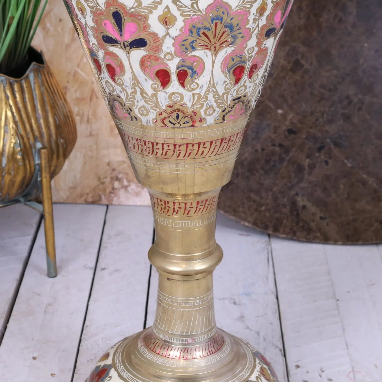 Vintage 92cm Large Brass Vase Scalloped Edge - Closeup of Lower Middle Section