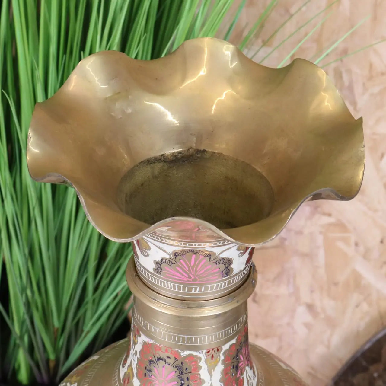 Vintage 92cm Large Brass Vase Scalloped Edge - Top View of Scalloped Rim