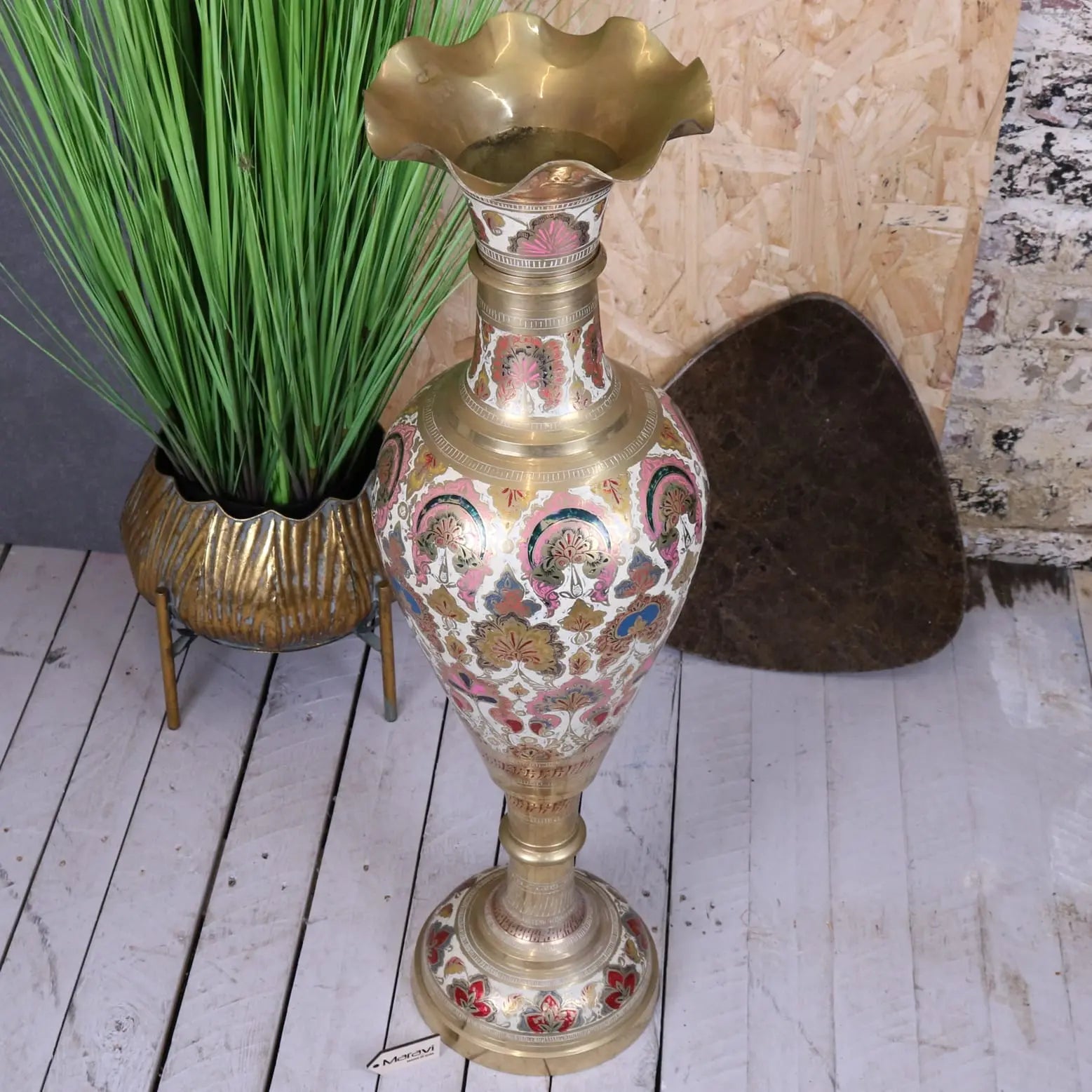 Vintage 92cm Large Brass Vase Scalloped Edge - Angled Top View