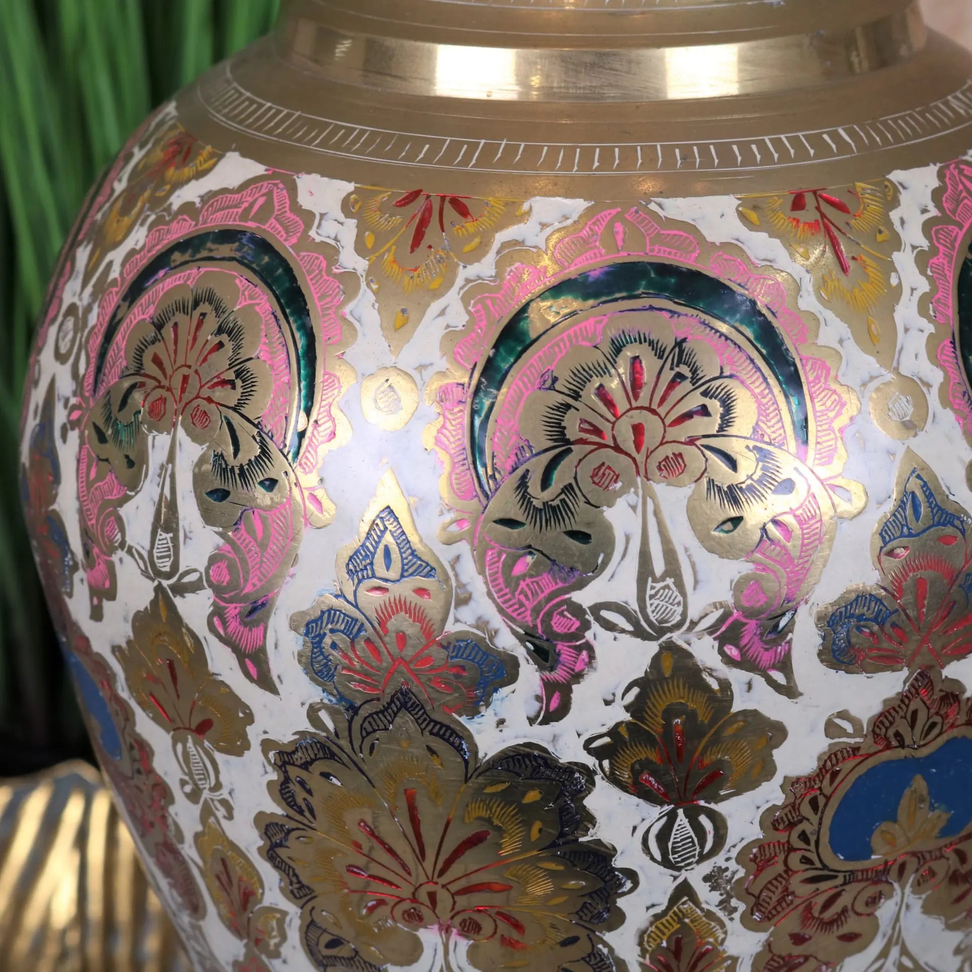 Vintage 92cm Large Brass Vase Scalloped Edge - Closeup of Floral Patterns