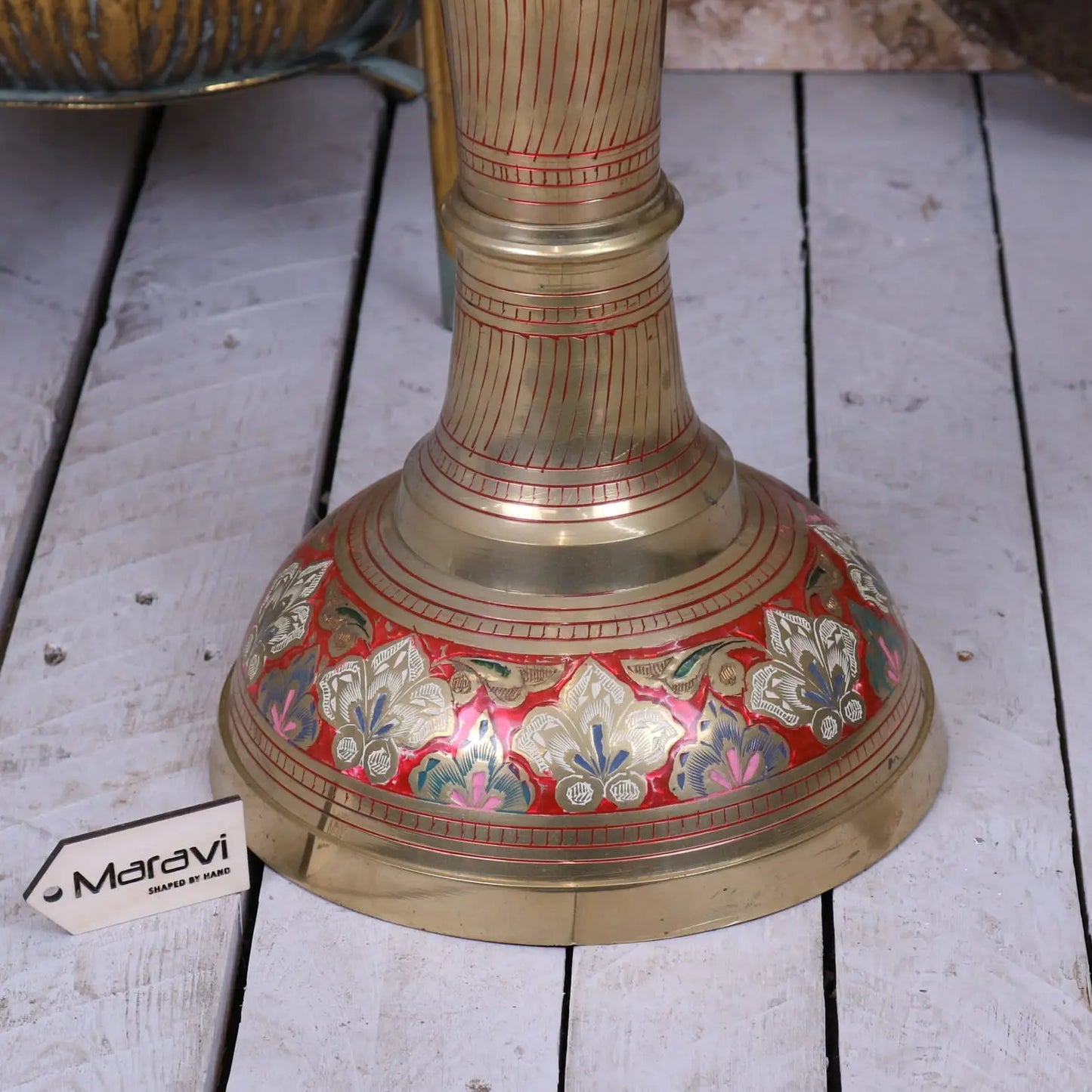 Vintage 92cm Large Brass Vase Hand Painted and Etched - Closeup of Base