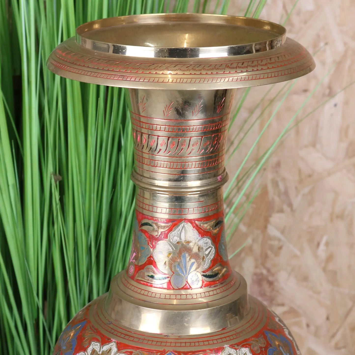Vintage 92cm Large Brass Vase Hand Painted and Etched - Closeup of Top