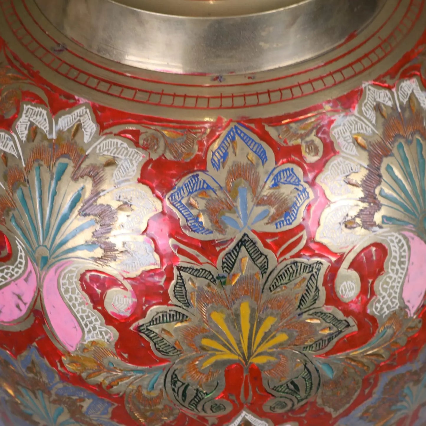 Vintage 92cm Large Brass Vase Hand Painted and Etched - Closeup of Hand Painted Flowers