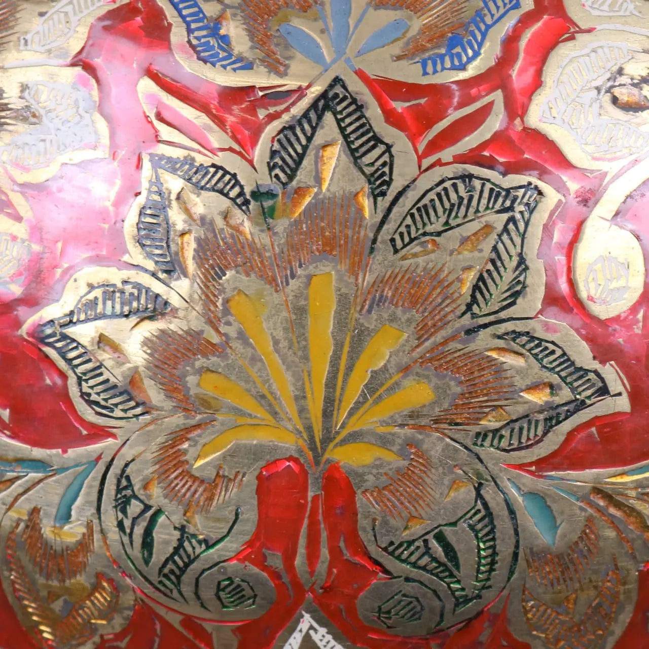 Vintage 92cm Large Brass Vase Hand Painted and Etched - Closeup of Hand Painted Flowers 2