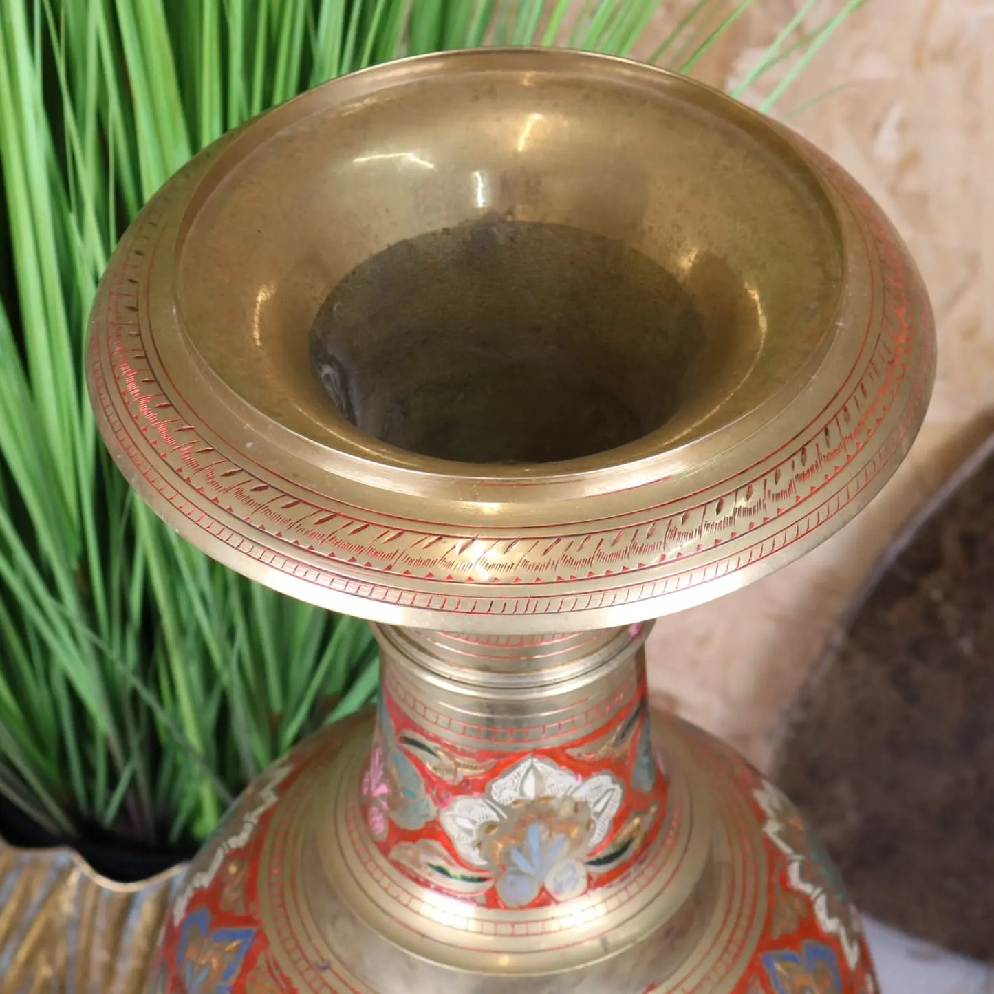 Vintage 92cm Large Brass Vase Hand Painted and Etched - Closeup of Top Rim