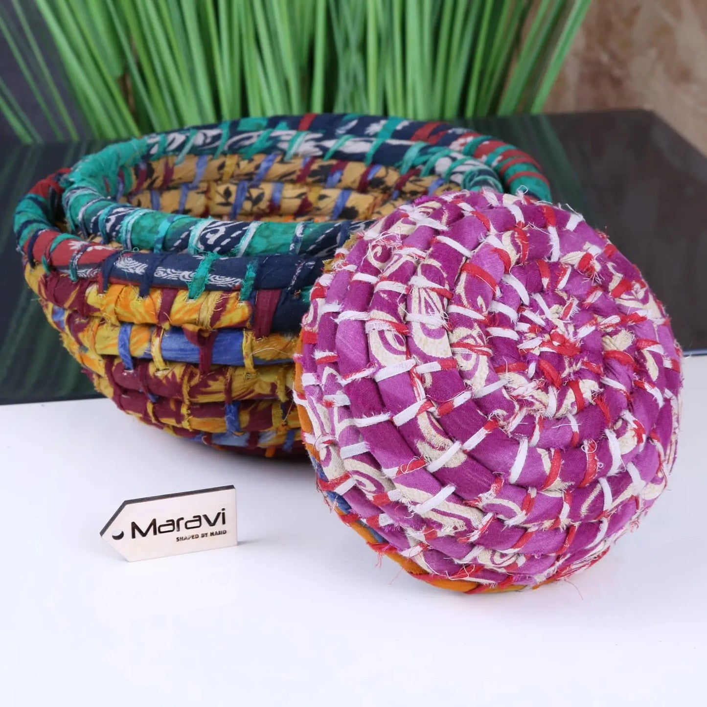 Chaura Set of 3 Baskets Recycled Sari Material - Showing Underside of Basket