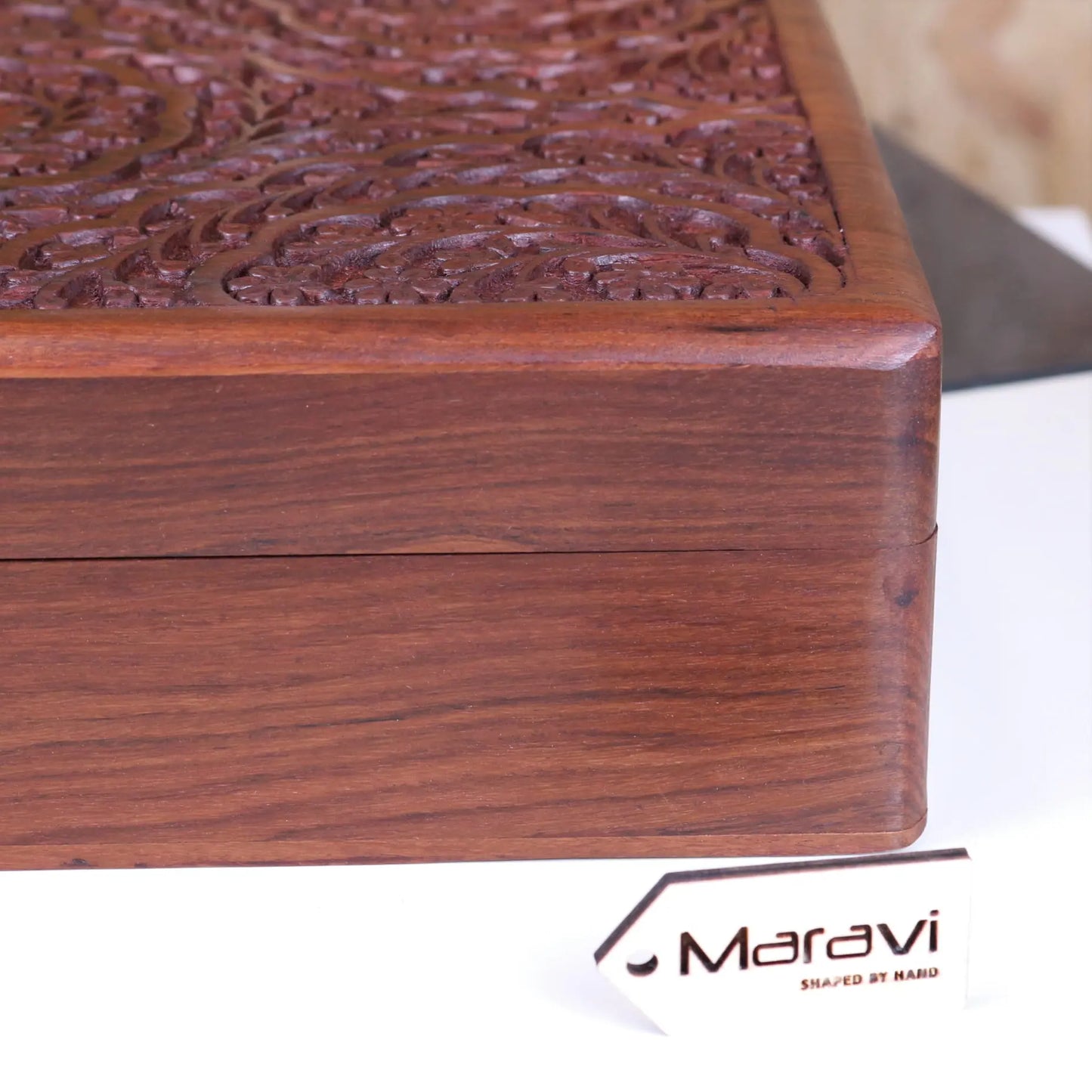 Chamring Large Carved Storage Box - Closeup of Woodgrain