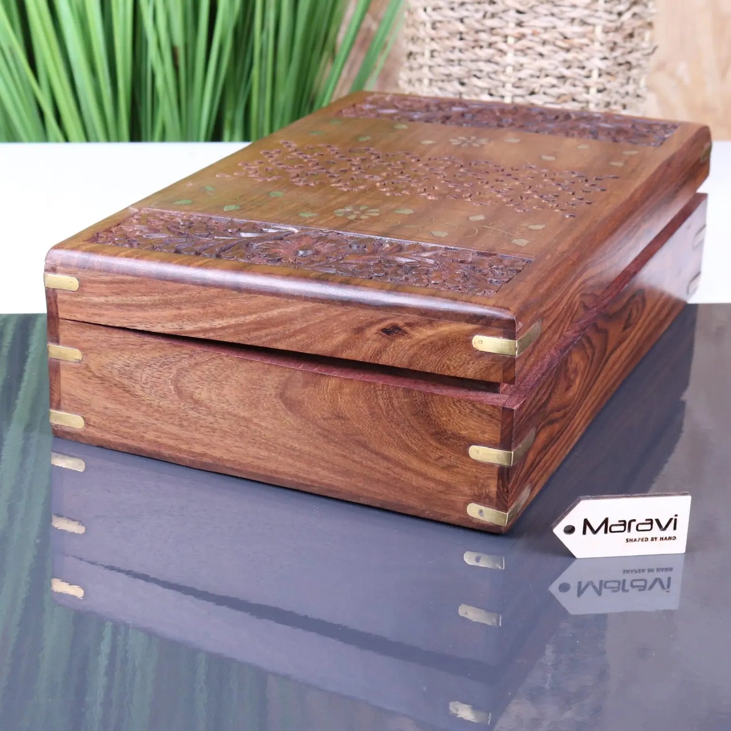 Vervek Large Carved Storage Box with Brass Inlay - Side View