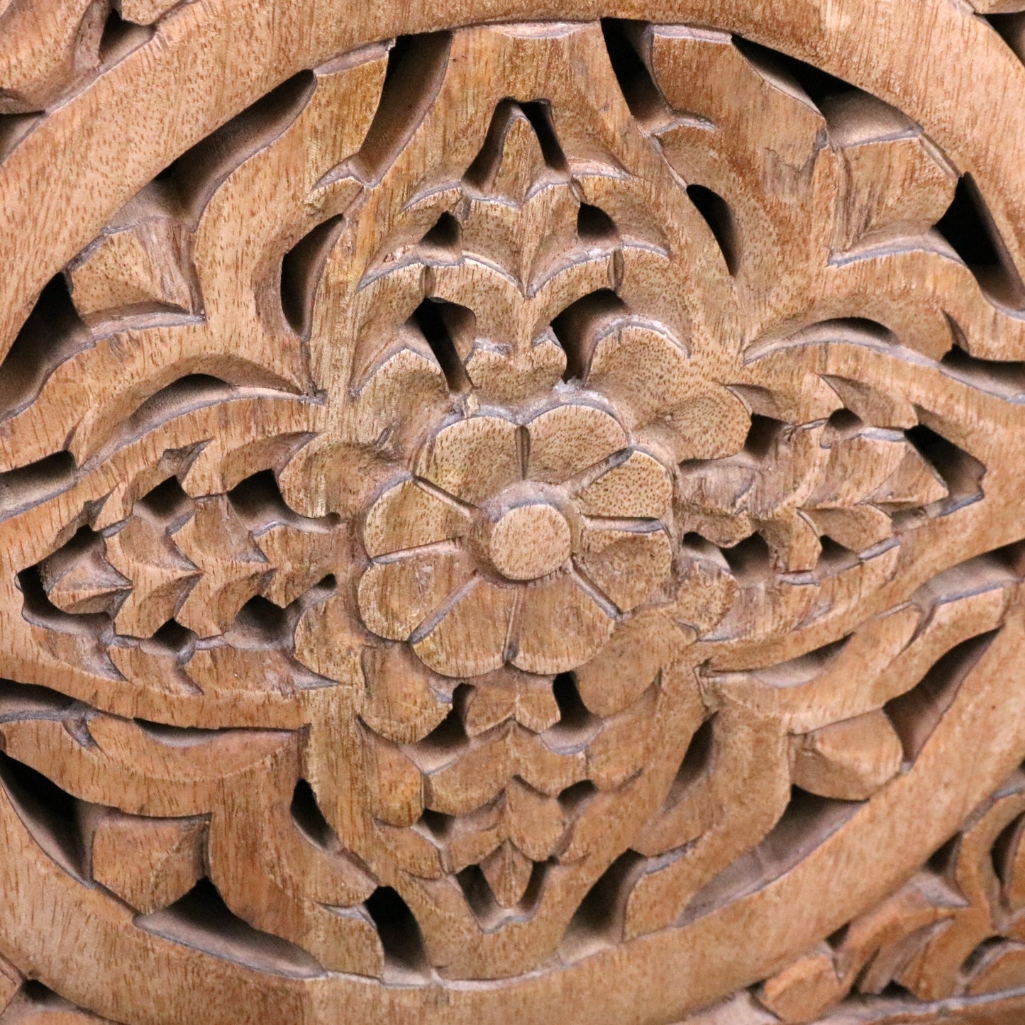 Adhara Mango Wood Bedside Cabinet - Closeup of Carved Design