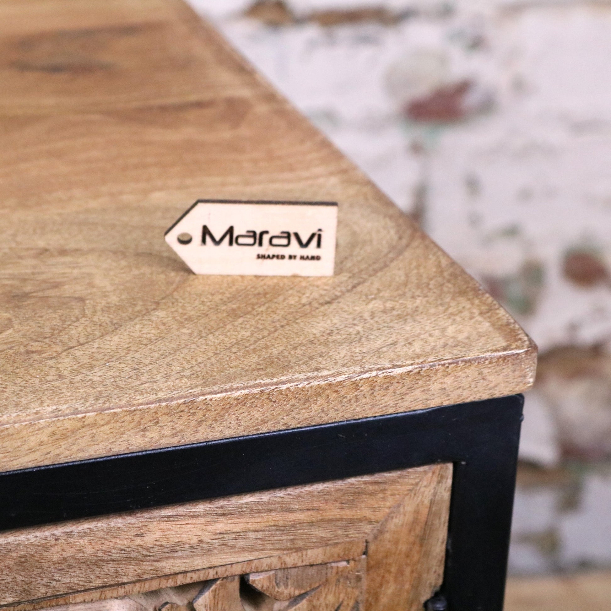 Adhara Mango Wood Bedside Cabinet - Closeup of Tabletop Corner