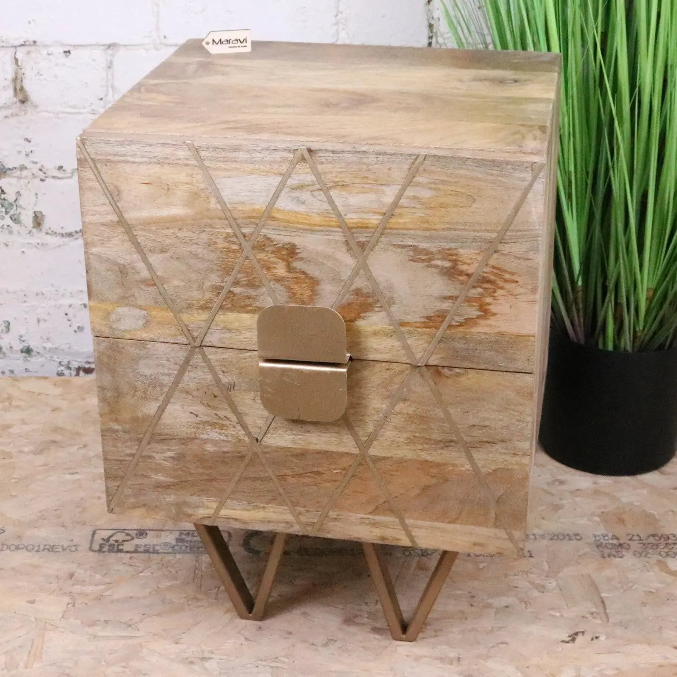 Alvani Mango Wood Bedside Cabinet Gold Geometric Inlay - Main Image