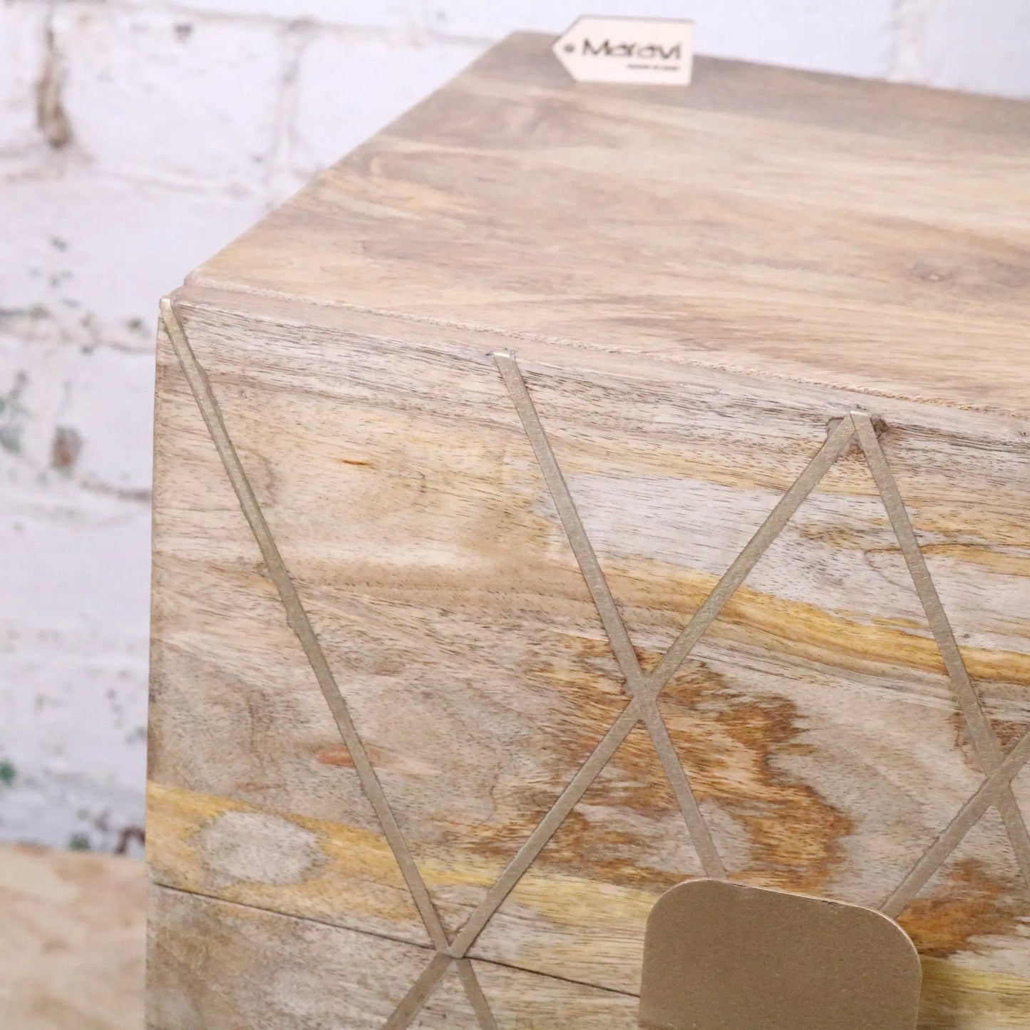 Alvani Mango Wood Bedside Cabinet Gold Geometric Inlay - Closeup of Inlay Design
