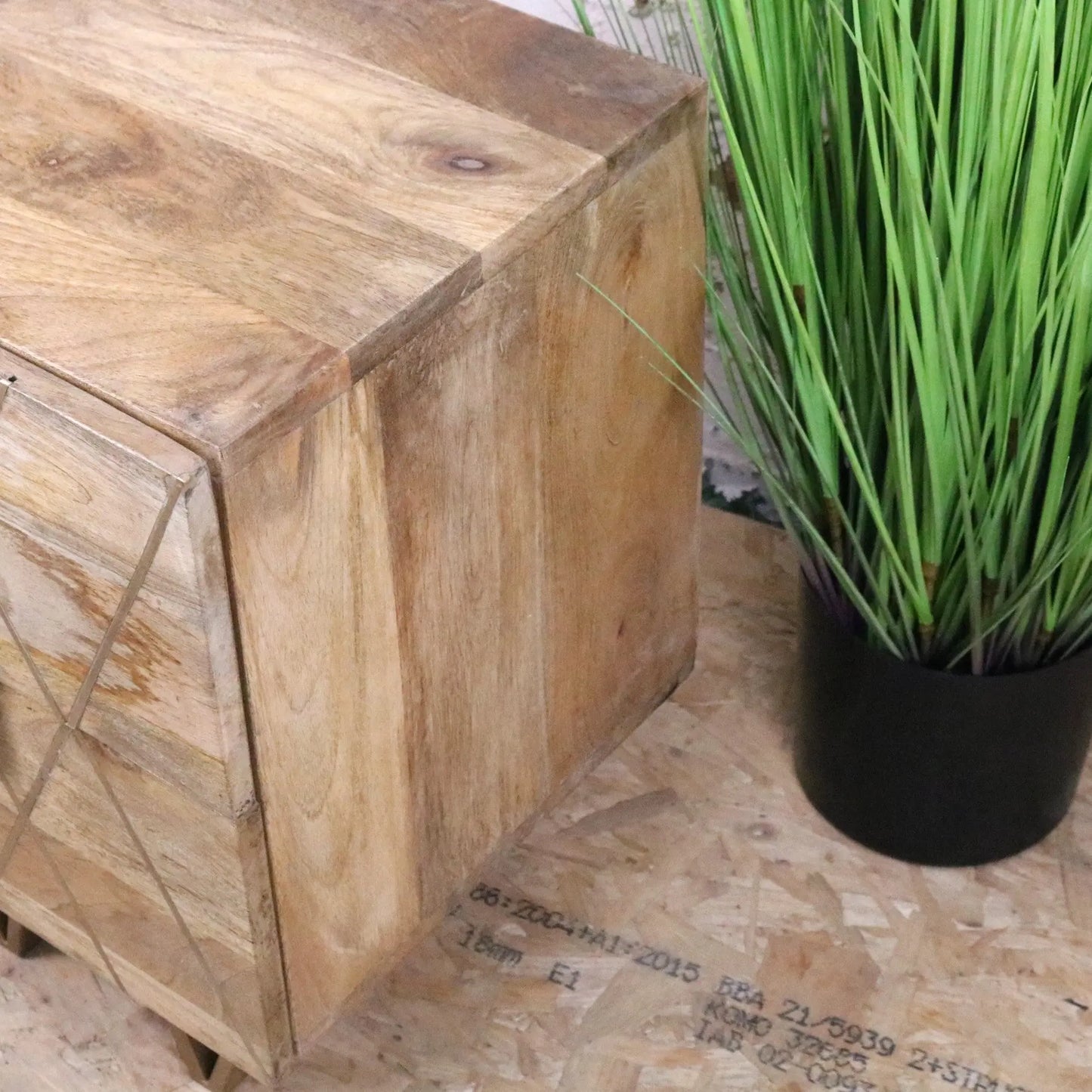 Alvani Mango Wood Bedside Cabinet Gold Geometric Inlay - Side View