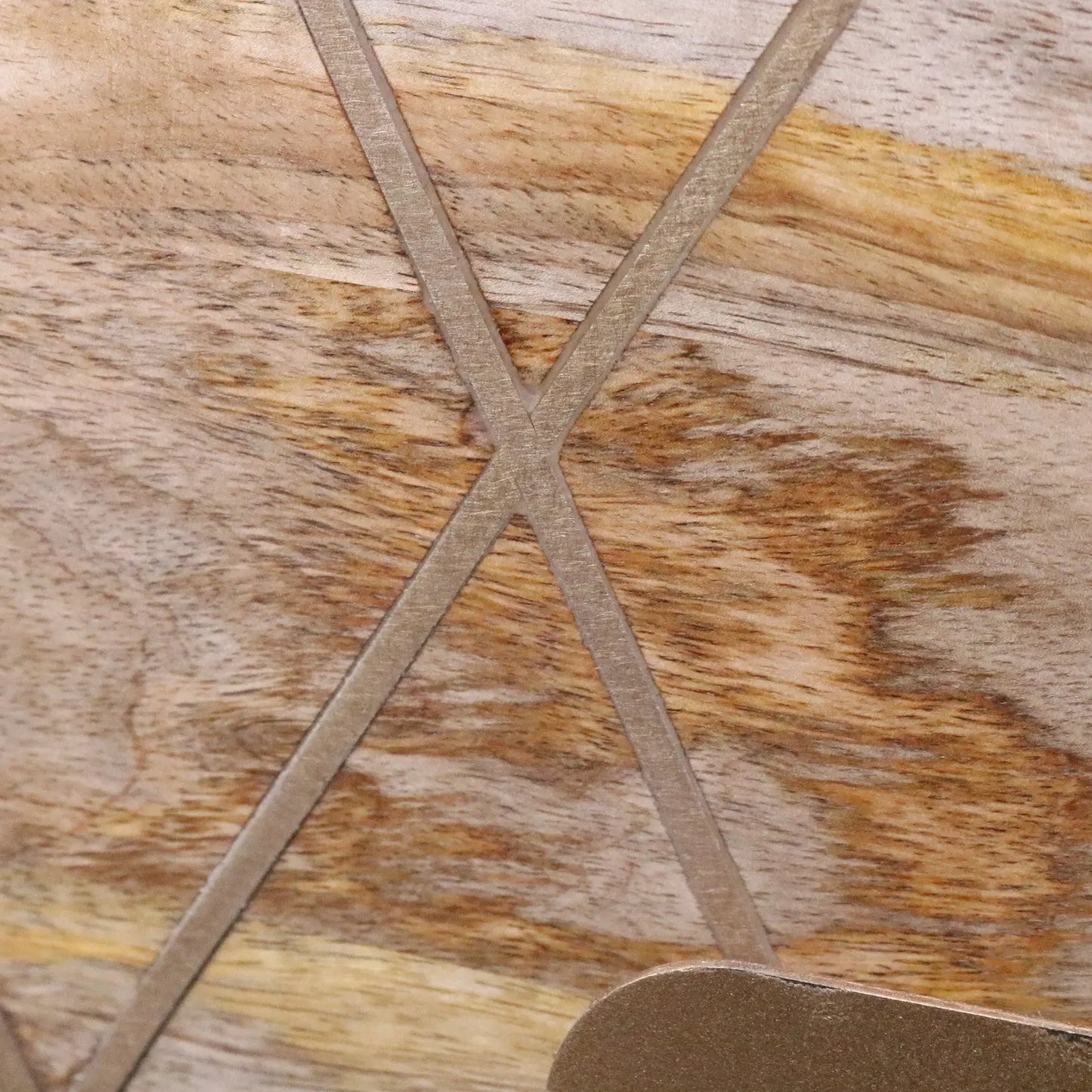 Alvani Mango Wood Bedside Cabinet Gold Geometric Inlay - Closeup of Inlay and Wood Grain Pattern