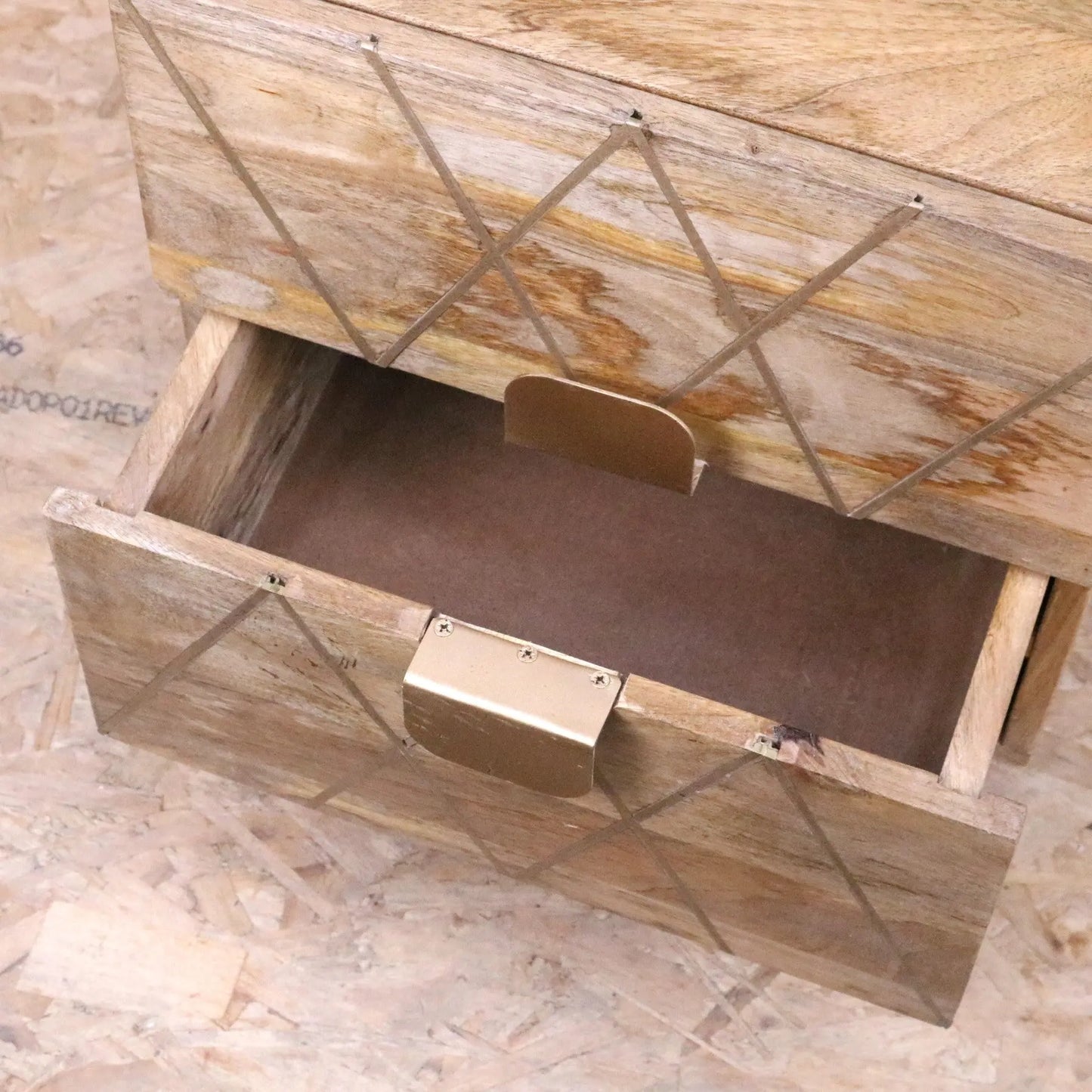 Alvani Mango Wood Bedside Cabinet Gold Geometric Inlay - Drawer Open