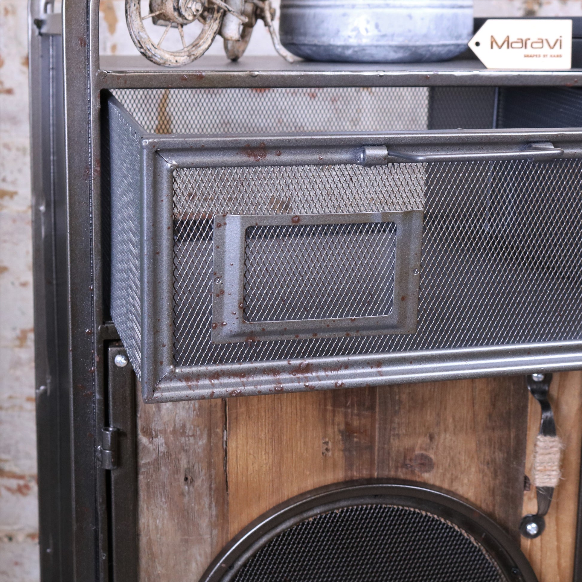 Arli Industrial Side Cabinet - Closeup of Rust Detailing on Drawer