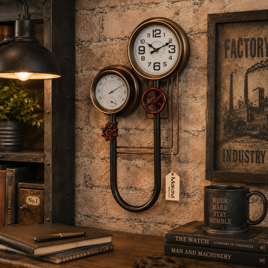 Baded Pipe Industrial Wall Clock and Thermometer - Lifestyle Image