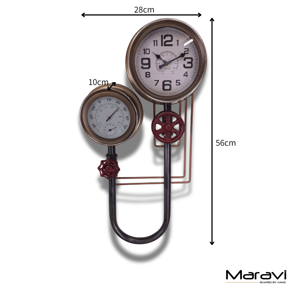 Baded Pipe Industrial Wall Clock and Thermometer - Dimensions