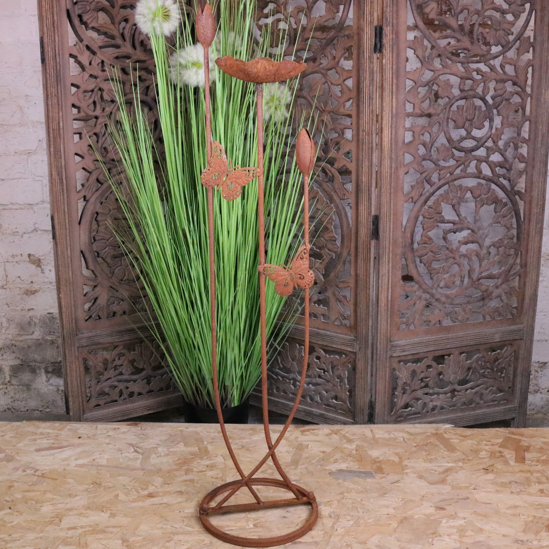Bansari Flower Bird Feeder Rusted Metal Finish - Front View