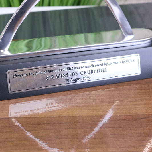 Battle of Britain Spitfire and Hurricane Tribute Sculpture - closeup of plaque