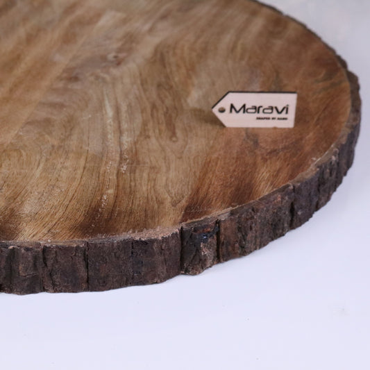 Bhimra Round Wooden Chopping Board Bark Edge 42cm - Closeup of Bark