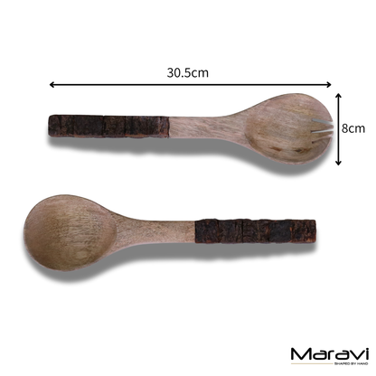Bhimra Wooden Salad Servers Bark Handle - Dimensions