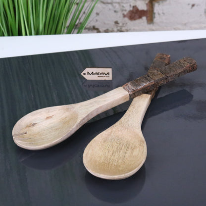 Bhimra Wooden Salad Servers Bark Handle - Main Image