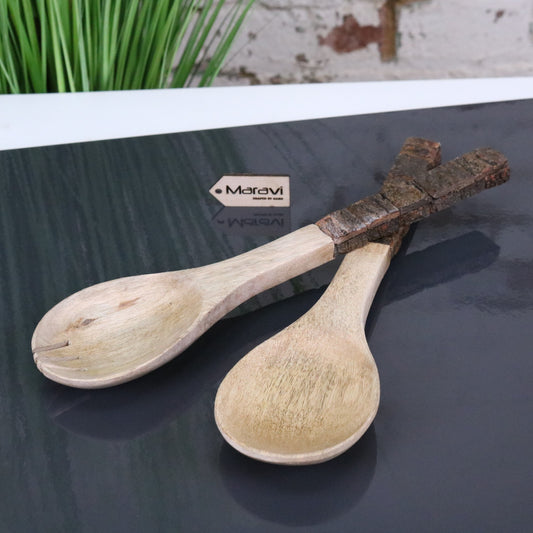 Bhimra Wooden Salad Servers Bark Handle - Main Image