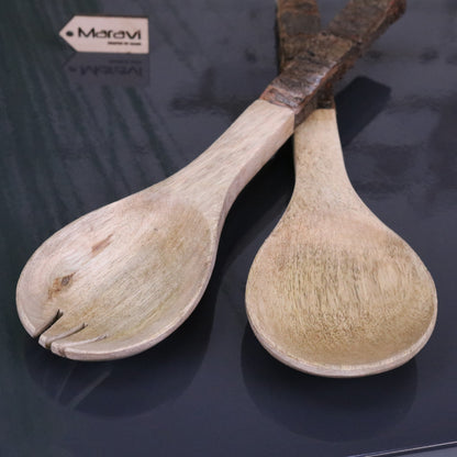 Bhimra Wooden Salad Servers Bark Handle - Showing Both Spoon Heads