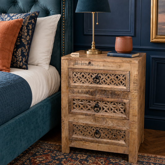 Charvi Mango Wood Bedside Cabinet 3 Drawer - Lifestyle Image