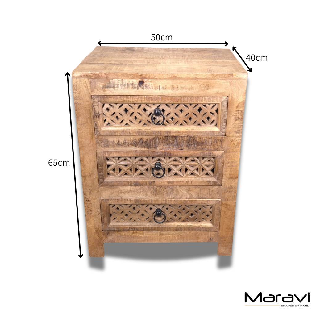 Charvi Mango Wood Bedside Cabinet 3 Drawer - Dimensions