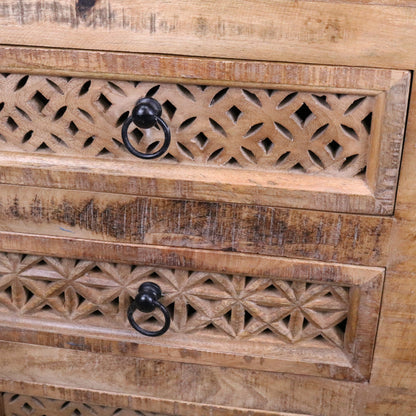 Charvi Mango Wood Bedside Cabinet 3 Drawer - Closeup of Drawer Fronts
