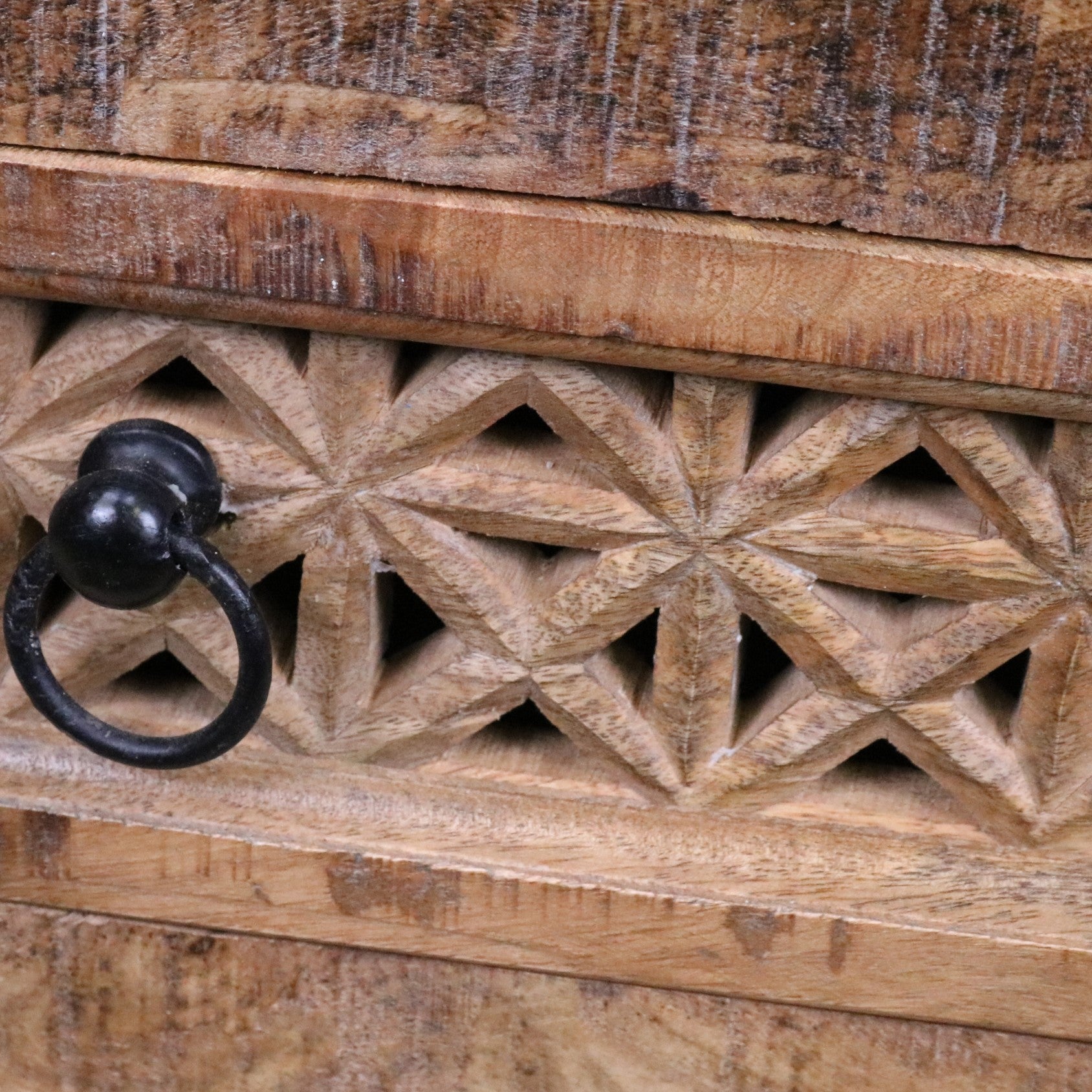 Charvi Mango Wood Bedside Cabinet 3 Drawer - Closeup of Carving