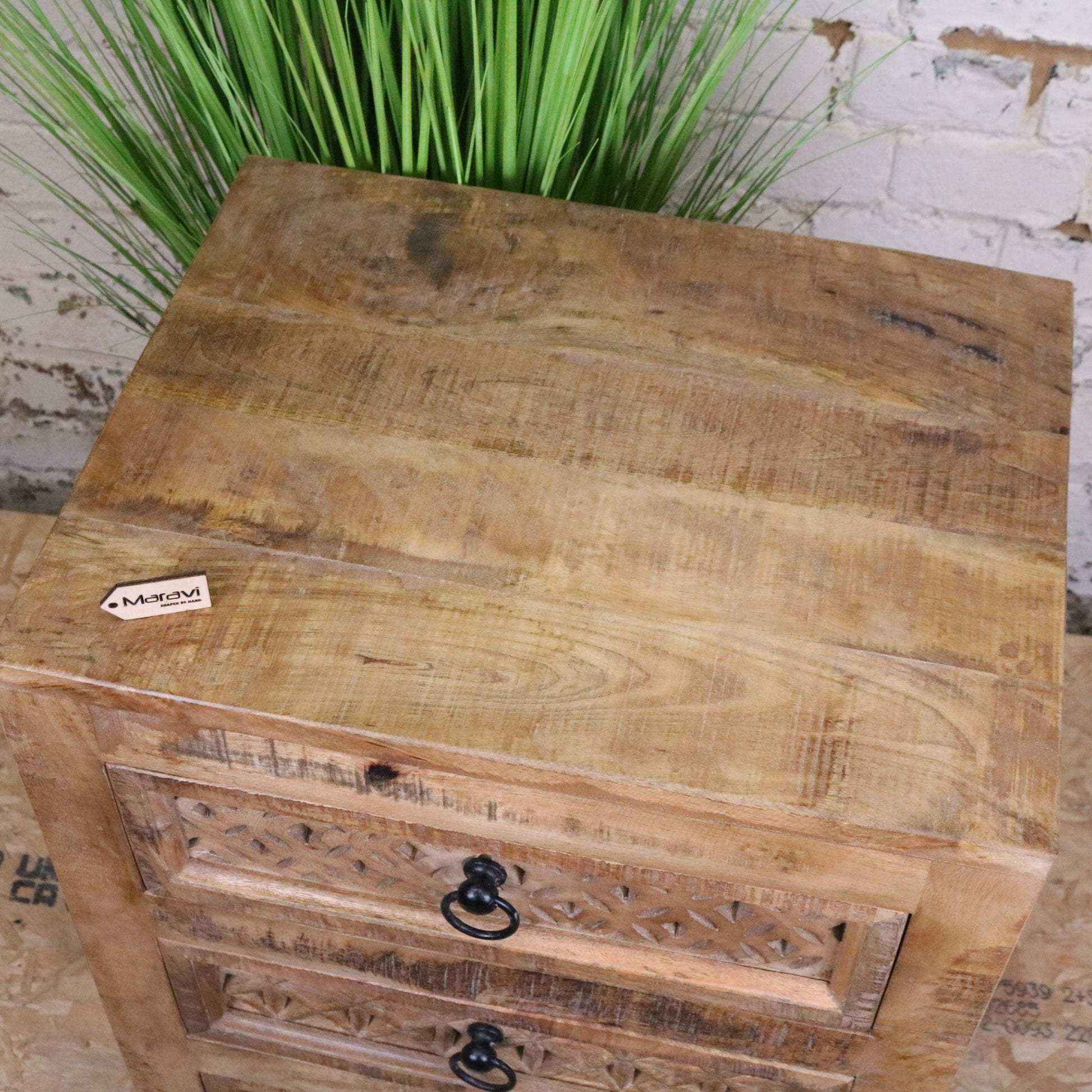Charvi Mango Wood Bedside Cabinet 3 Drawer - Angled Top View