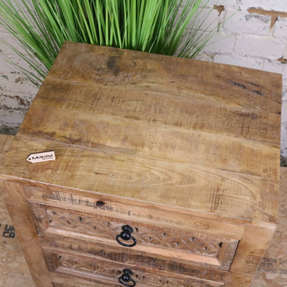 Charvi Mango Wood Bedside Cabinet 3 Drawer - Angled Top View