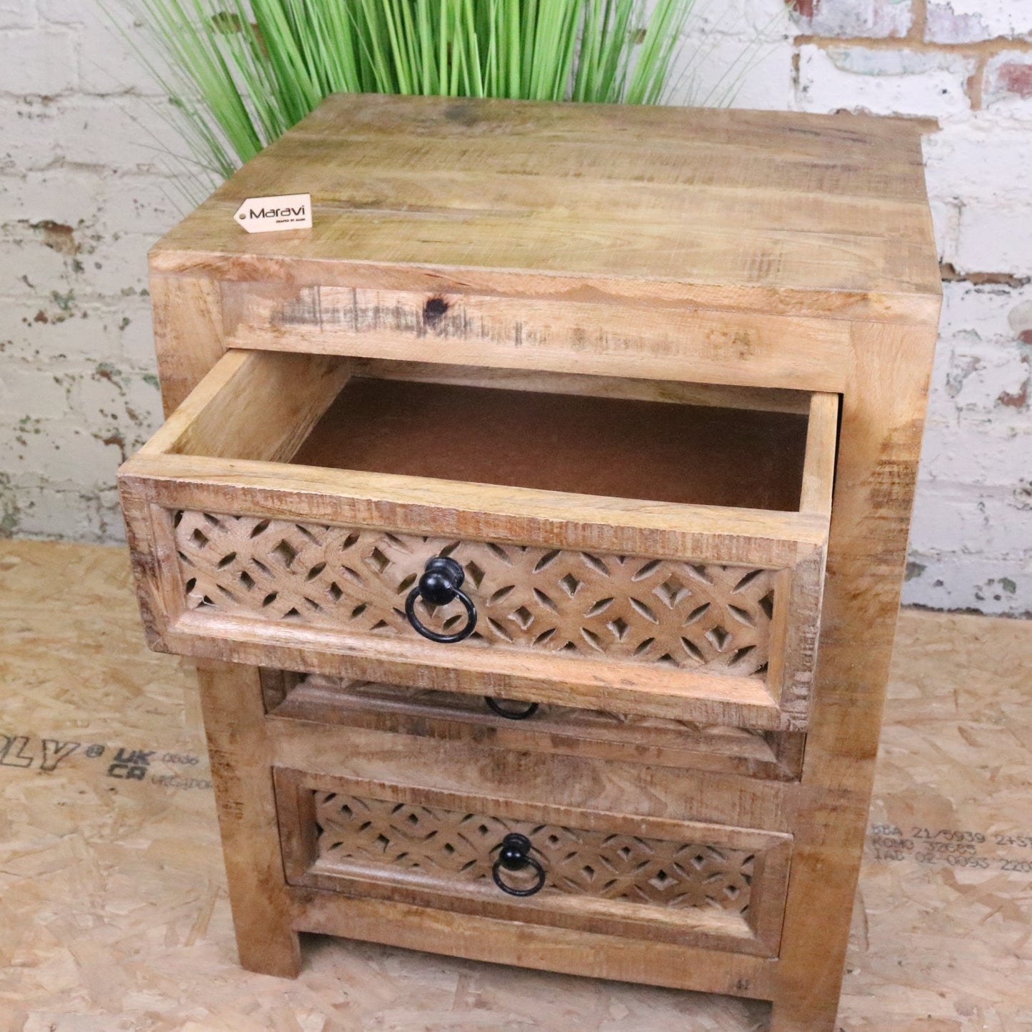 Charvi Mango Wood Bedside Cabinet 3 Drawer - Front View Drawer Open