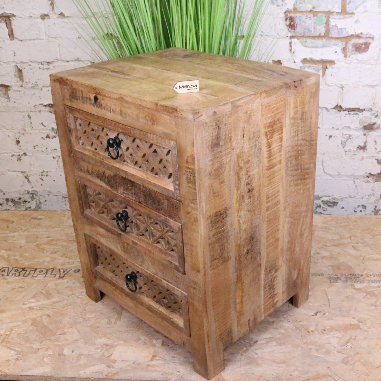 Charvi Mango Wood Bedside Cabinet 3 Drawer - Side View