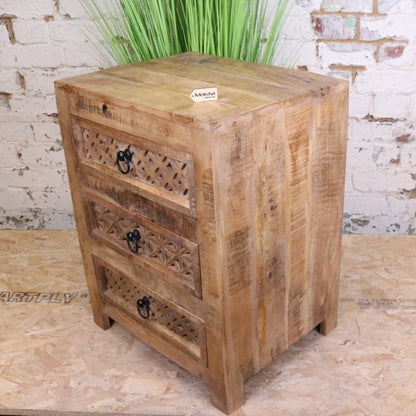 Charvi Mango Wood Bedside Cabinet 3 Drawer - Side View