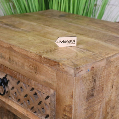 Charvi Mango Wood Bedside Cabinet 3 Drawer - Closeup of Corner