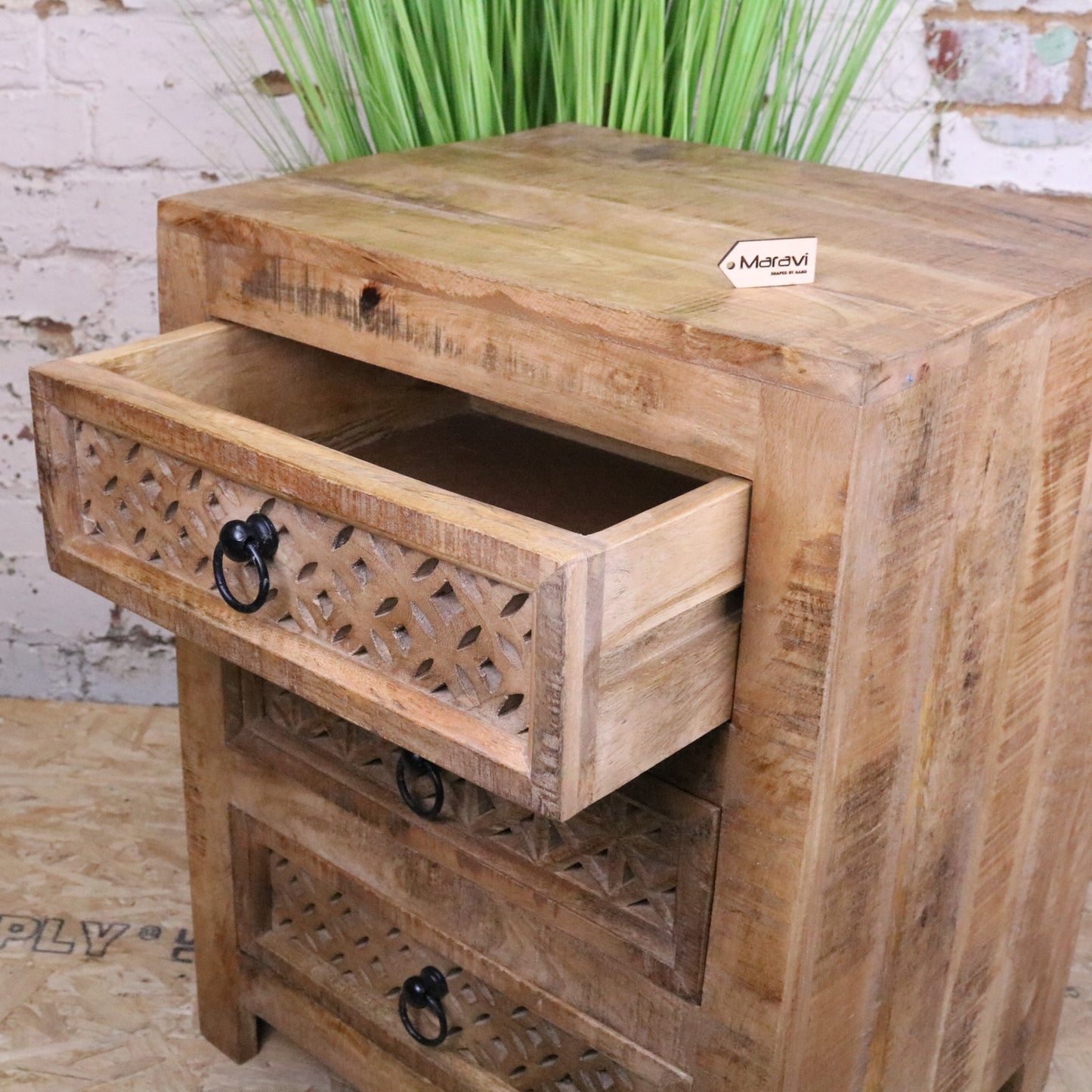 Charvi Mango Wood Bedside Cabinet 3 Drawer - Side View Drawer Open