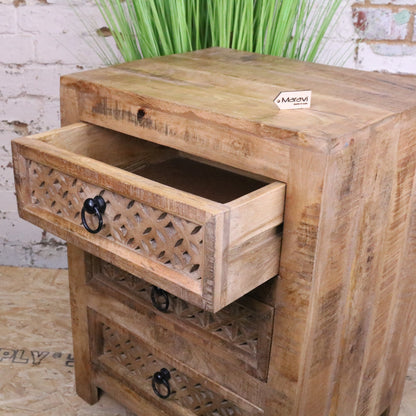 Charvi Mango Wood Bedside Cabinet 3 Drawer - Side View Drawer Open