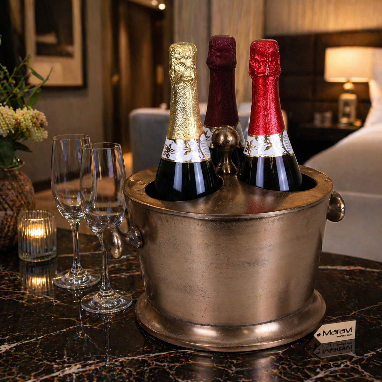 Chuhan Wine Ice Bucket 3 Bottle Sections Champagne Gold - Lifestyle Image