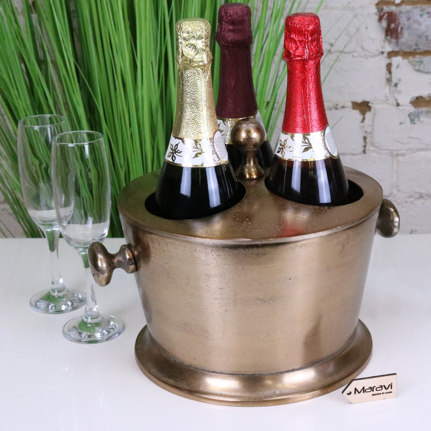 Chuhan Wine Ice Bucket 3 Bottle Sections Champagne Gold - Front View with Bottles