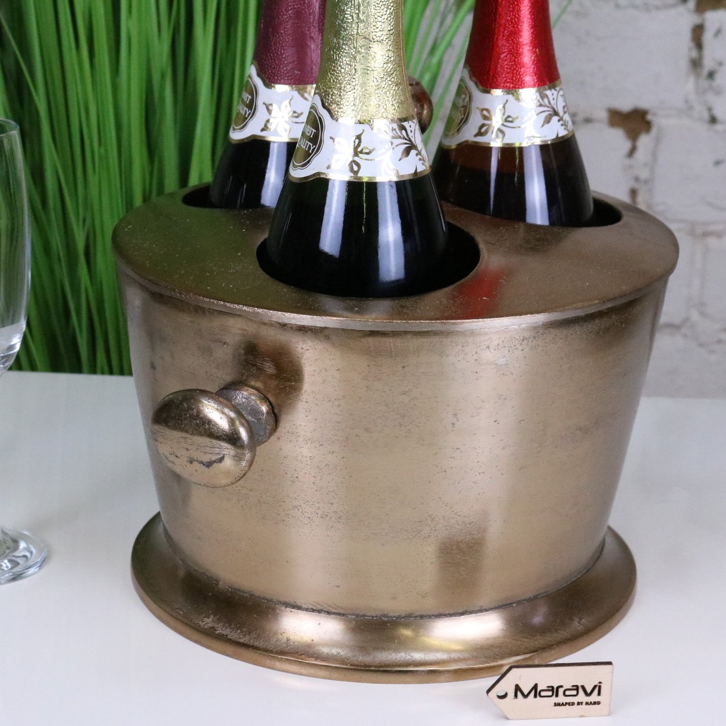 Chuhan Wine Ice Bucket 3 Bottle Sections Champagne Gold - Side View with Bottles