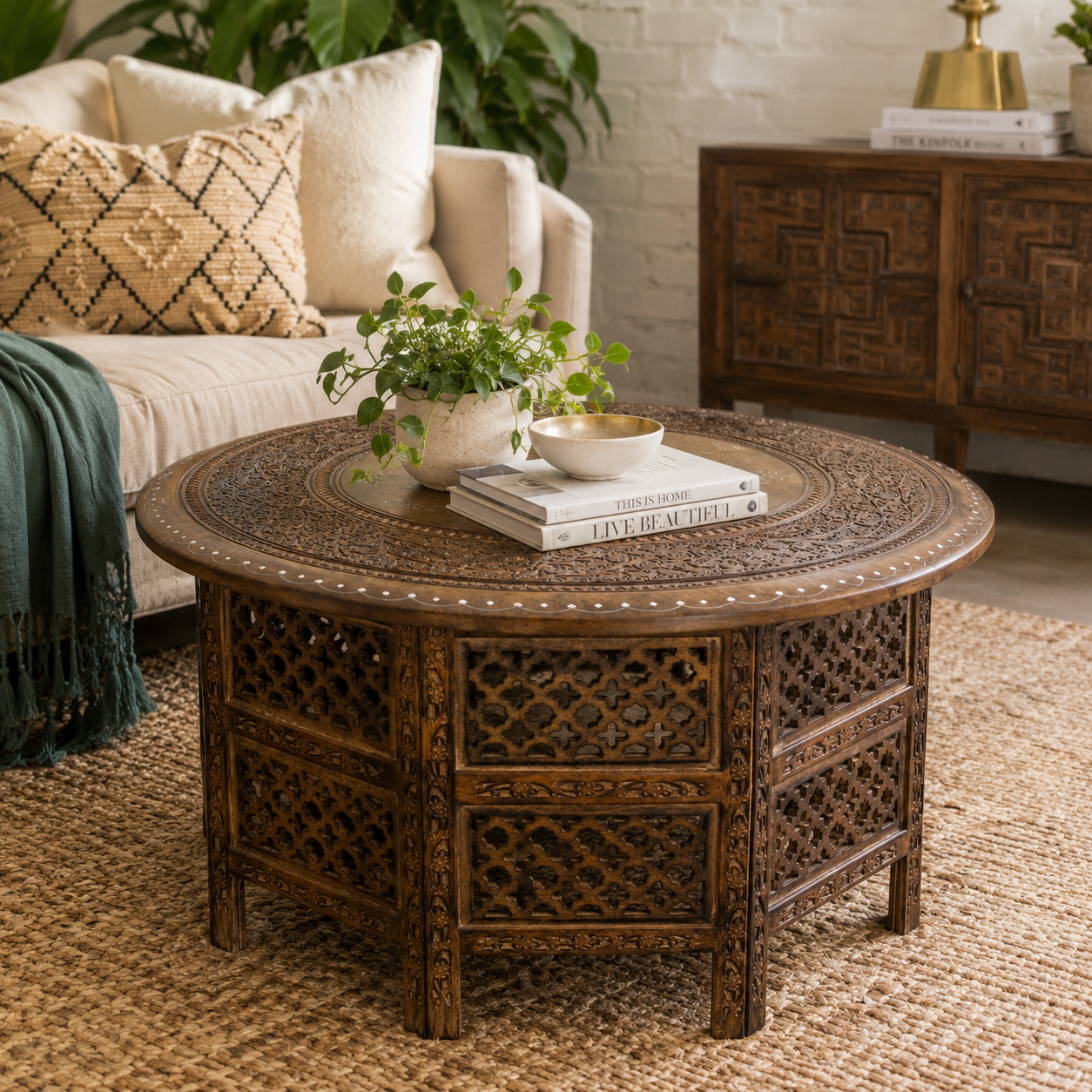 Damodar Hand Carved Mango Wood Coffee Table - Lifestyle Image