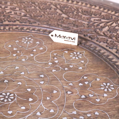 Damodar Hand Carved Mango Wood Coffee Table - Closeup of Inlay