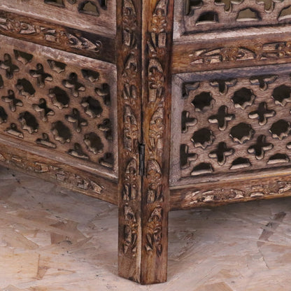 Damodar Hand Carved Mango Wood Coffee Table - Closeup of Jali Cut-out Pattern