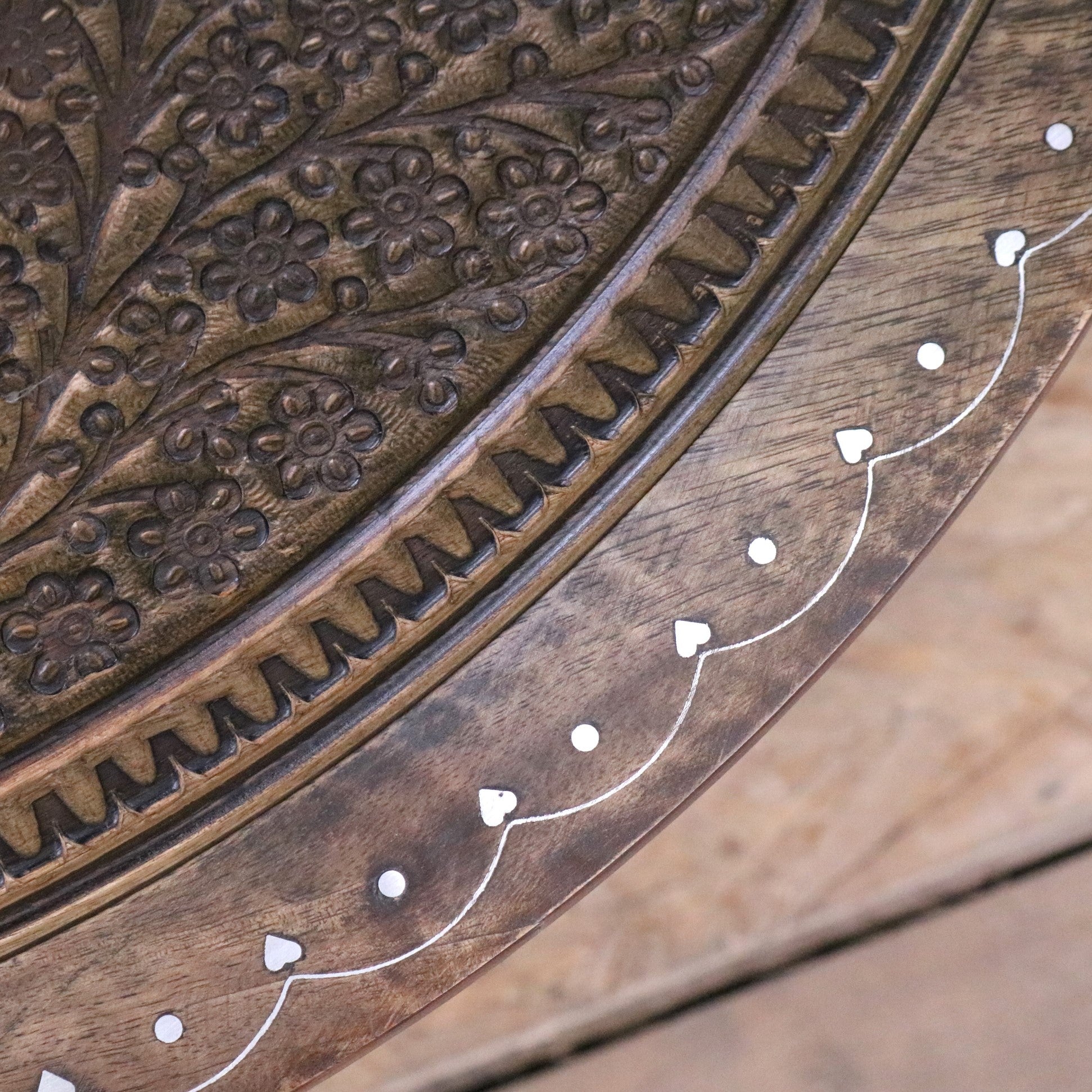 Damodar Hand Carved Mango Wood Coffee Table - Closeup of Table Edge Inlay